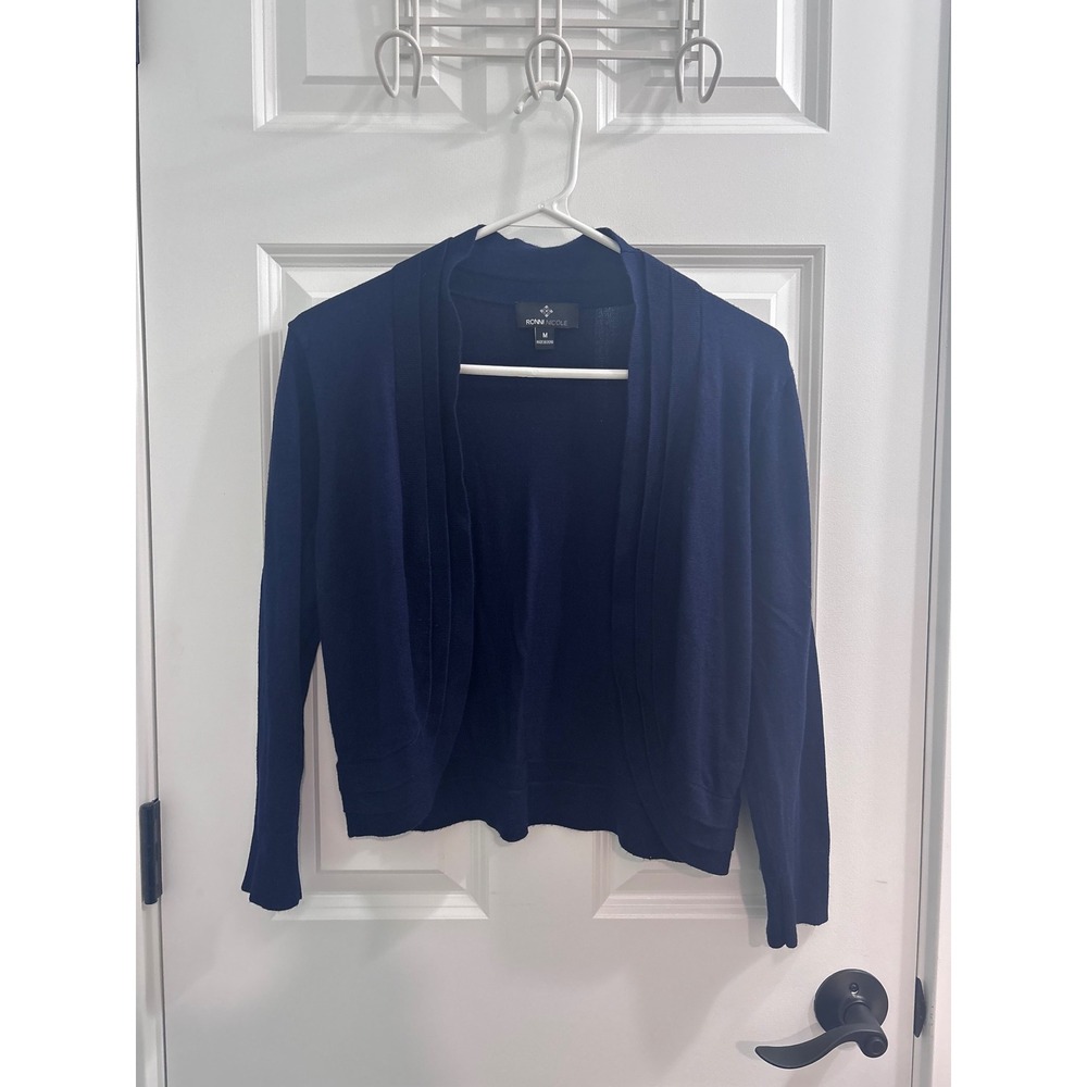 Ronni Nicole Navy Blue Open Front Cropped Cardigan Sweater Pleated Trim Womens M